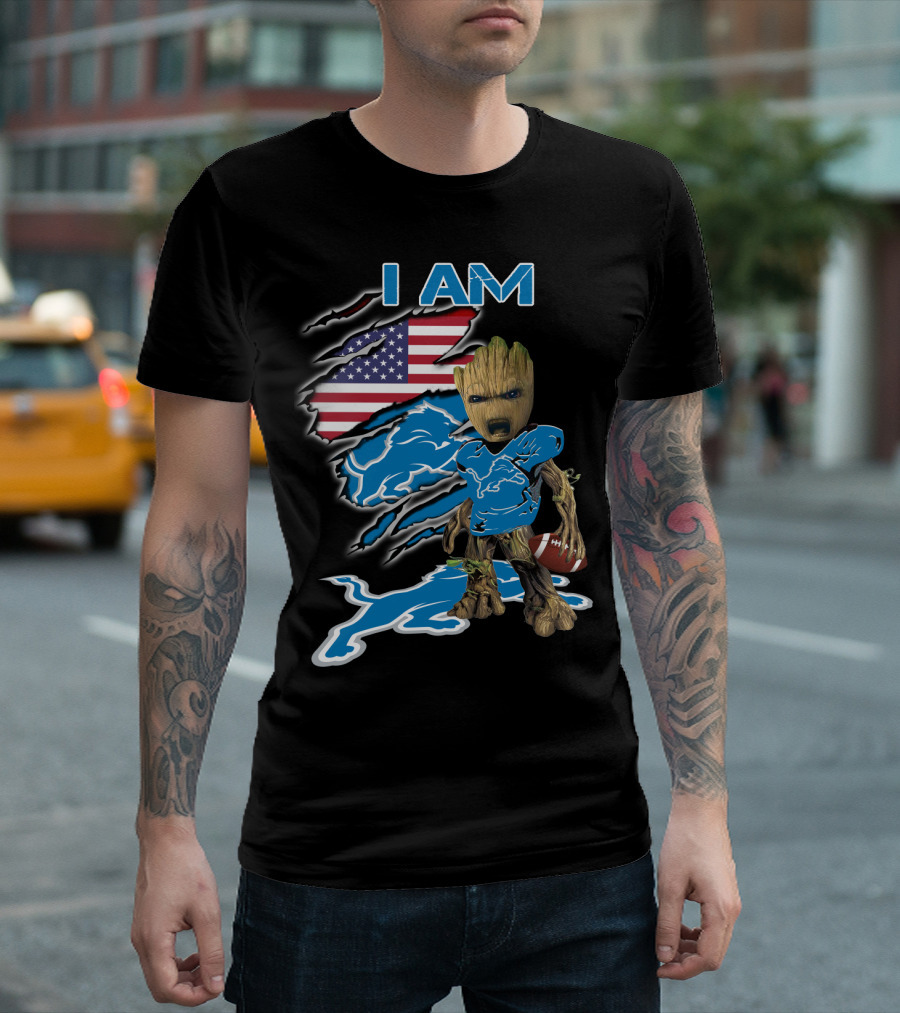 I Am Groot Detroit Lions Fan Football American Flag T-Shirt