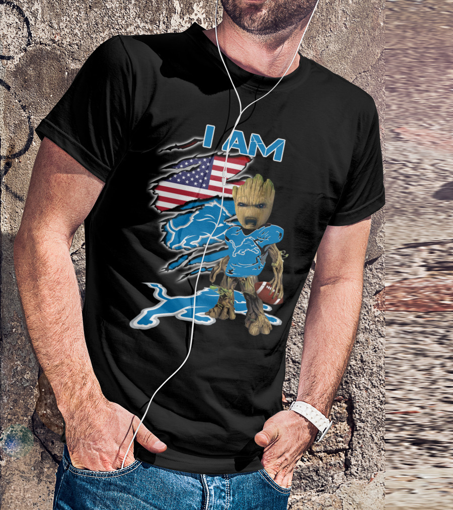 I Am Groot Detroit Lions Fan Football American Flag T-Shirt