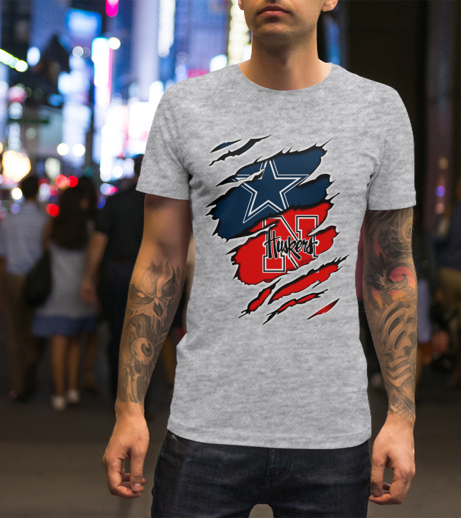 Cowboys Huskers Star Logo Red And Blue Tear T-Shirt