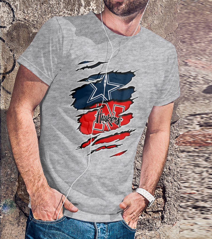 Cowboys Huskers Star Logo Red And Blue Tear T-Shirt