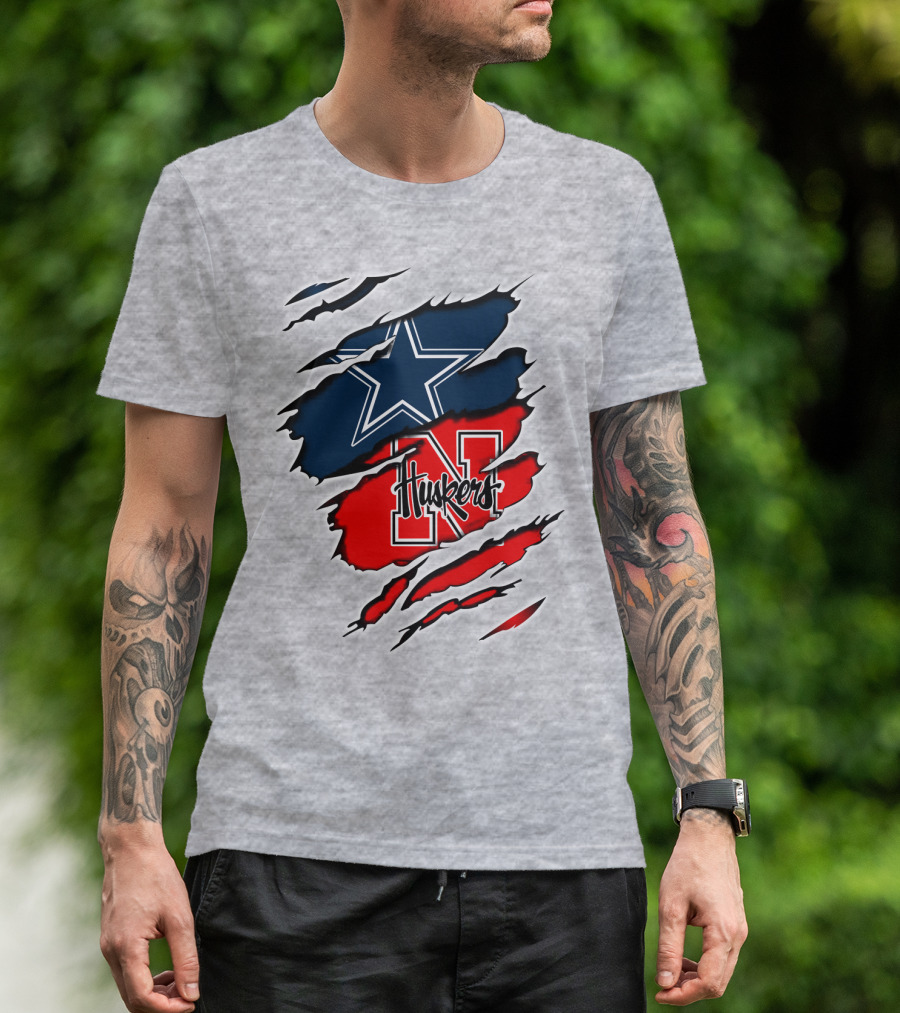 Cowboys Huskers Star Logo Red And Blue Tear T-Shirt