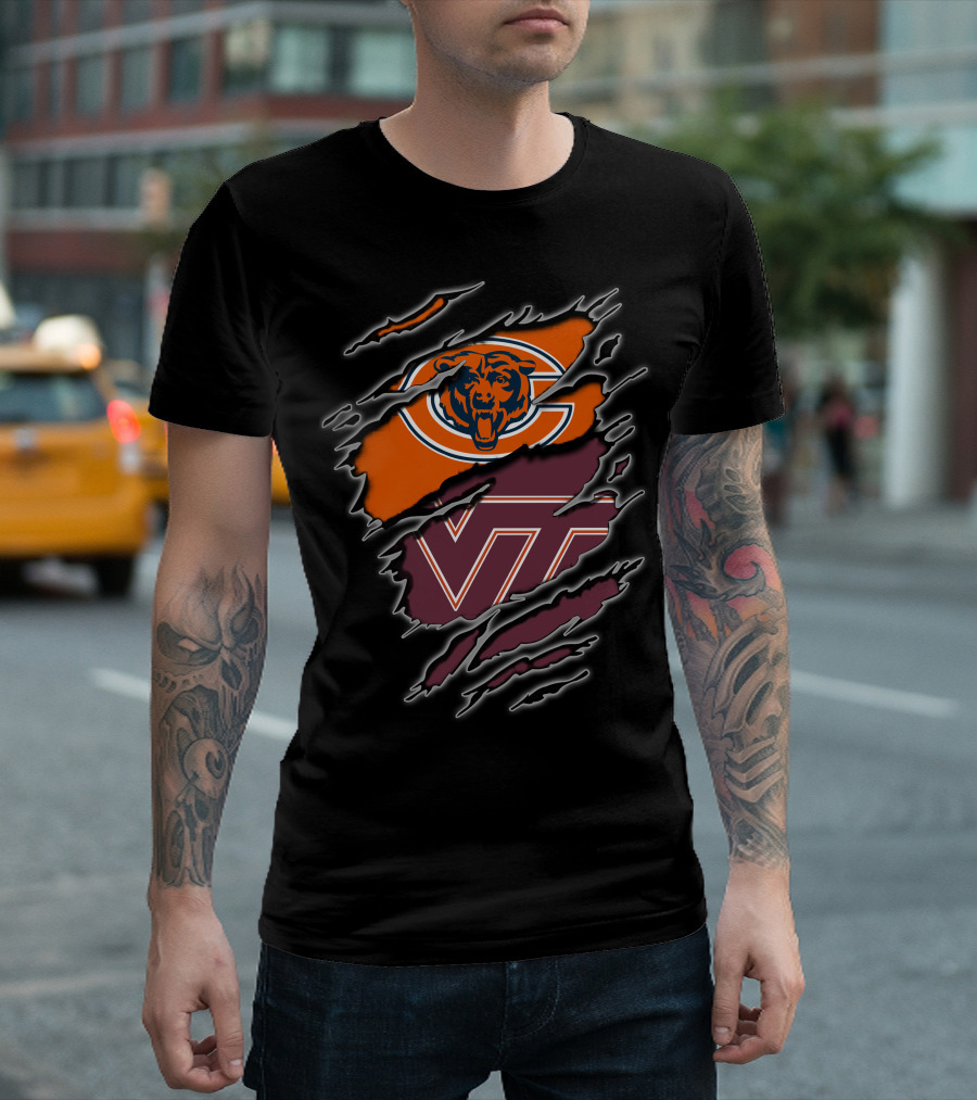 Chicago Bears and Virginia Tech Hokies Rip Claw Logo Fusion T-Shirt