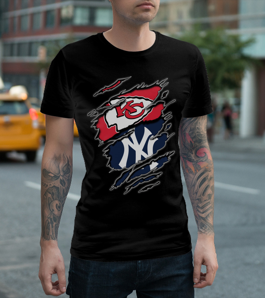Kansas City Chiefs New York Yankees Torn Logo Mashup T-Shirt