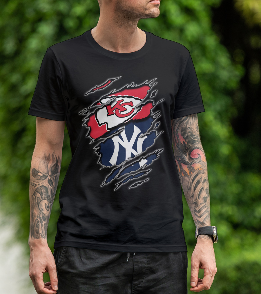 Kansas City Chiefs New York Yankees Torn Logo Mashup T-Shirt