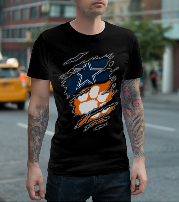 Cowboys Star Paw Clemson Logo Ripped T-Shirt