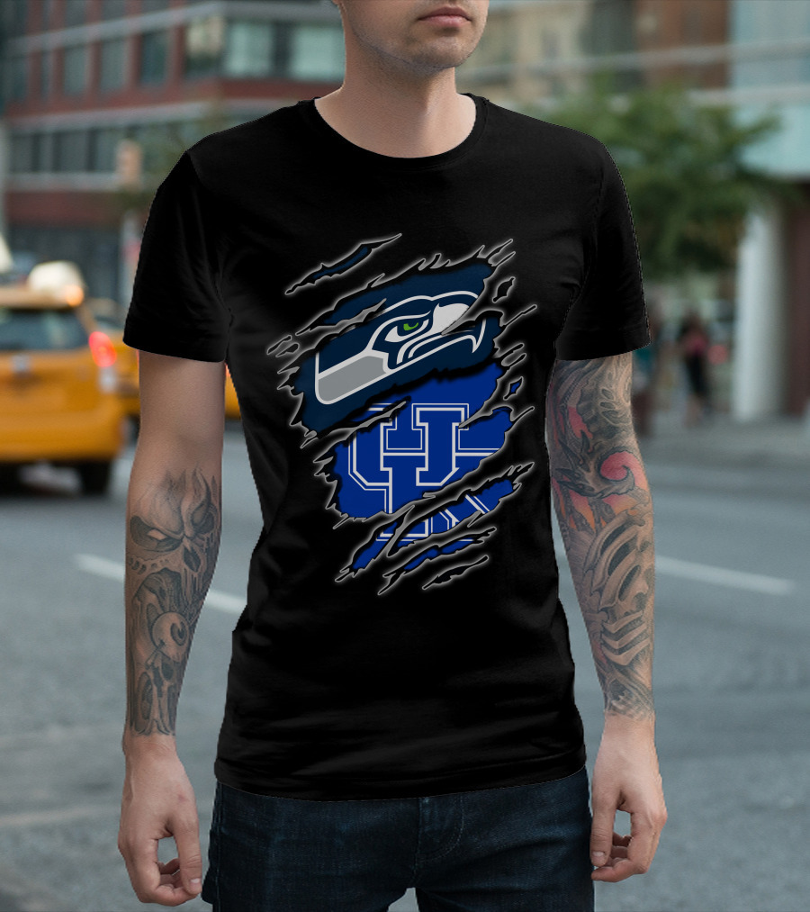 Seahawks Uk Blue Claw Mark Logo Ripped Effect T-Shirt