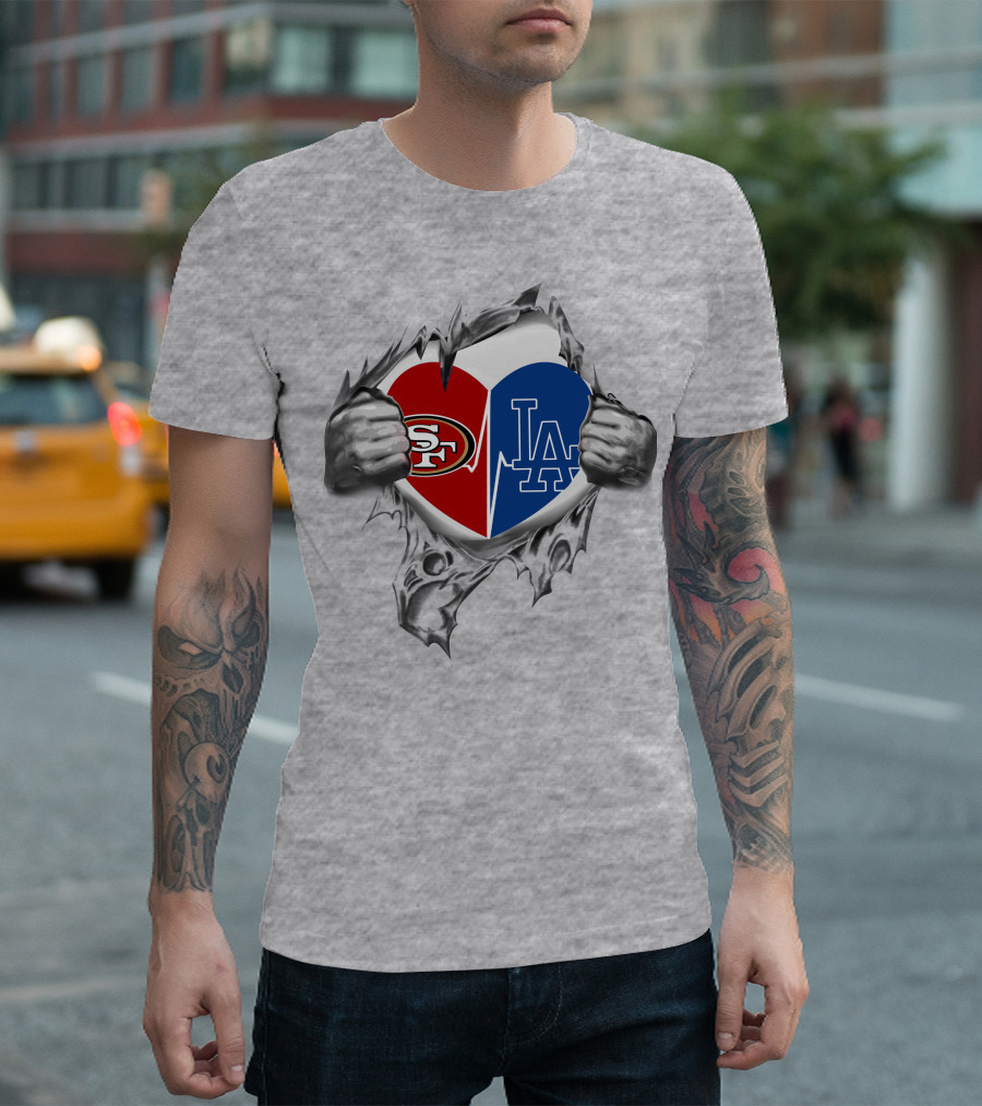 49ers La Dodgers Heart Logo Peeling T-Shirt
