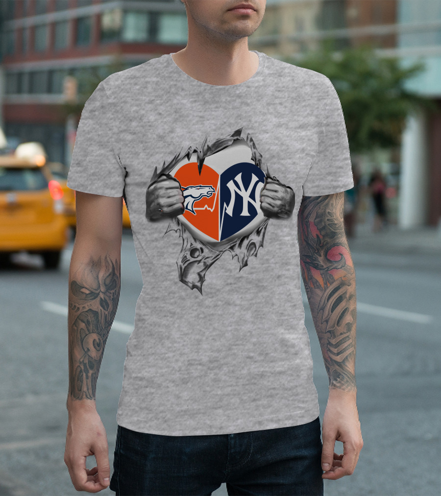 Broncos And Yankees Heart Split Design With Iconic Logo Mesh Tear Elements T-Shirt