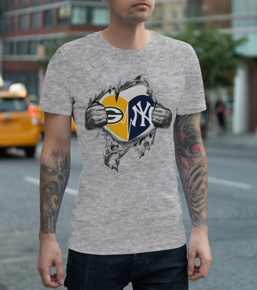 Packers Yankees Heart Split Logo Fusion T-Shirt