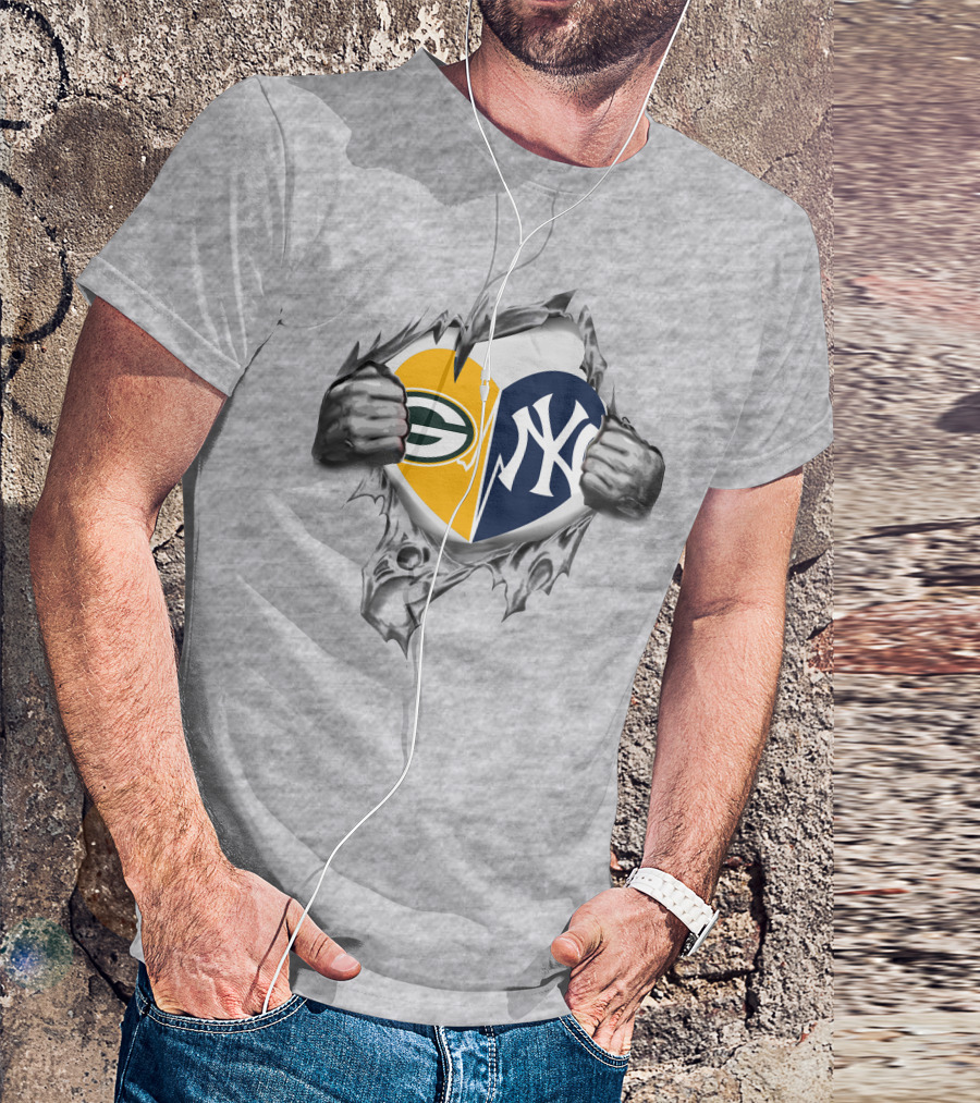 Packers Yankees Heart Split Logo Fusion T-Shirt