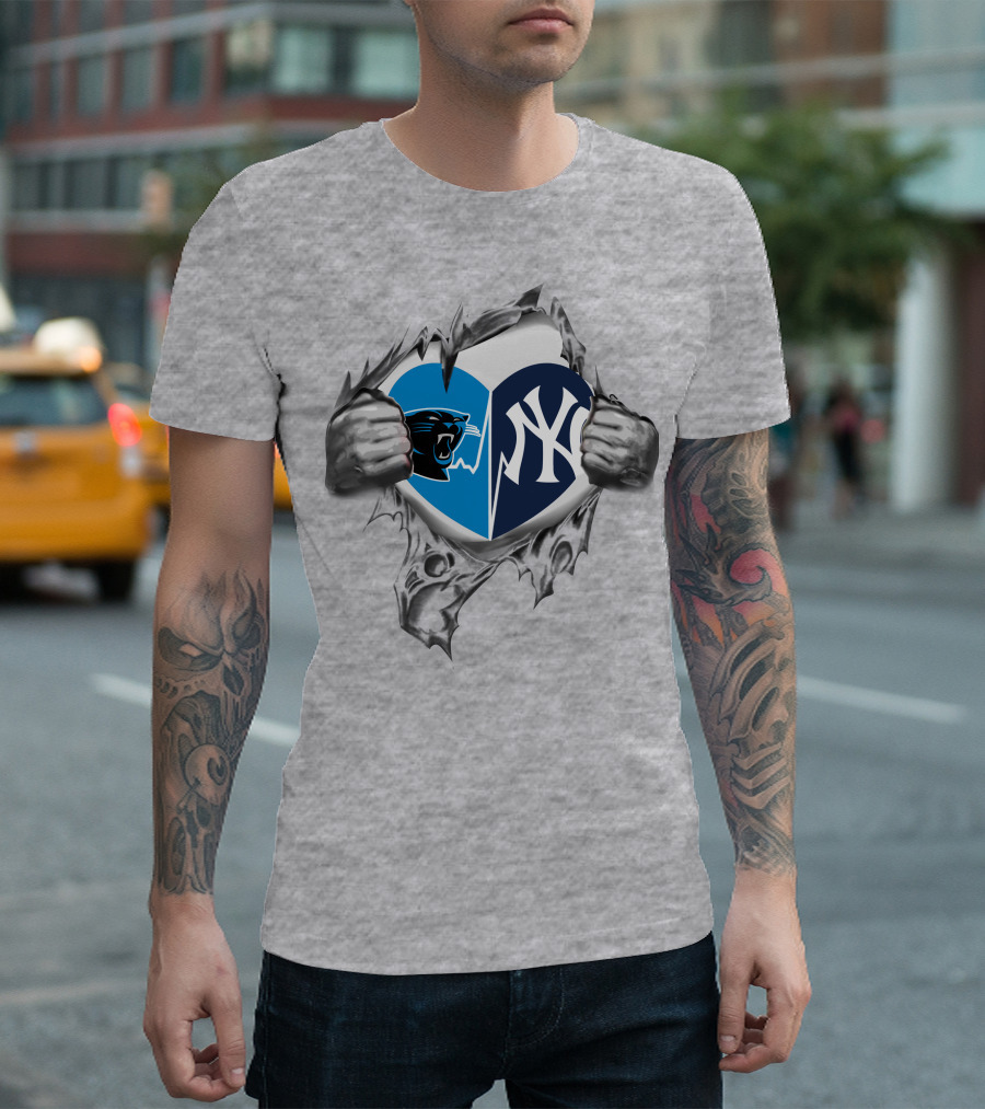 Carolina Panthers New York Yankees Heart Tear Mashup T-Shirt