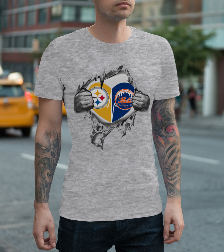 Steelers Mets Heart Design with Torn Metal Hands Displaying T-Shirt