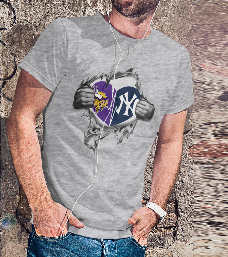Vikings Yankees Heart Logo Torn Reveal T-Shirt