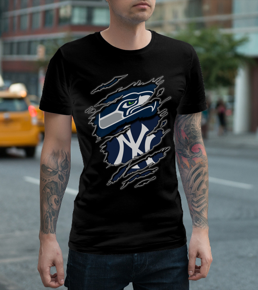 Seattle Seahawks New York Yankees Nfl Mlb Crossover Logo Fusion T-Shirt