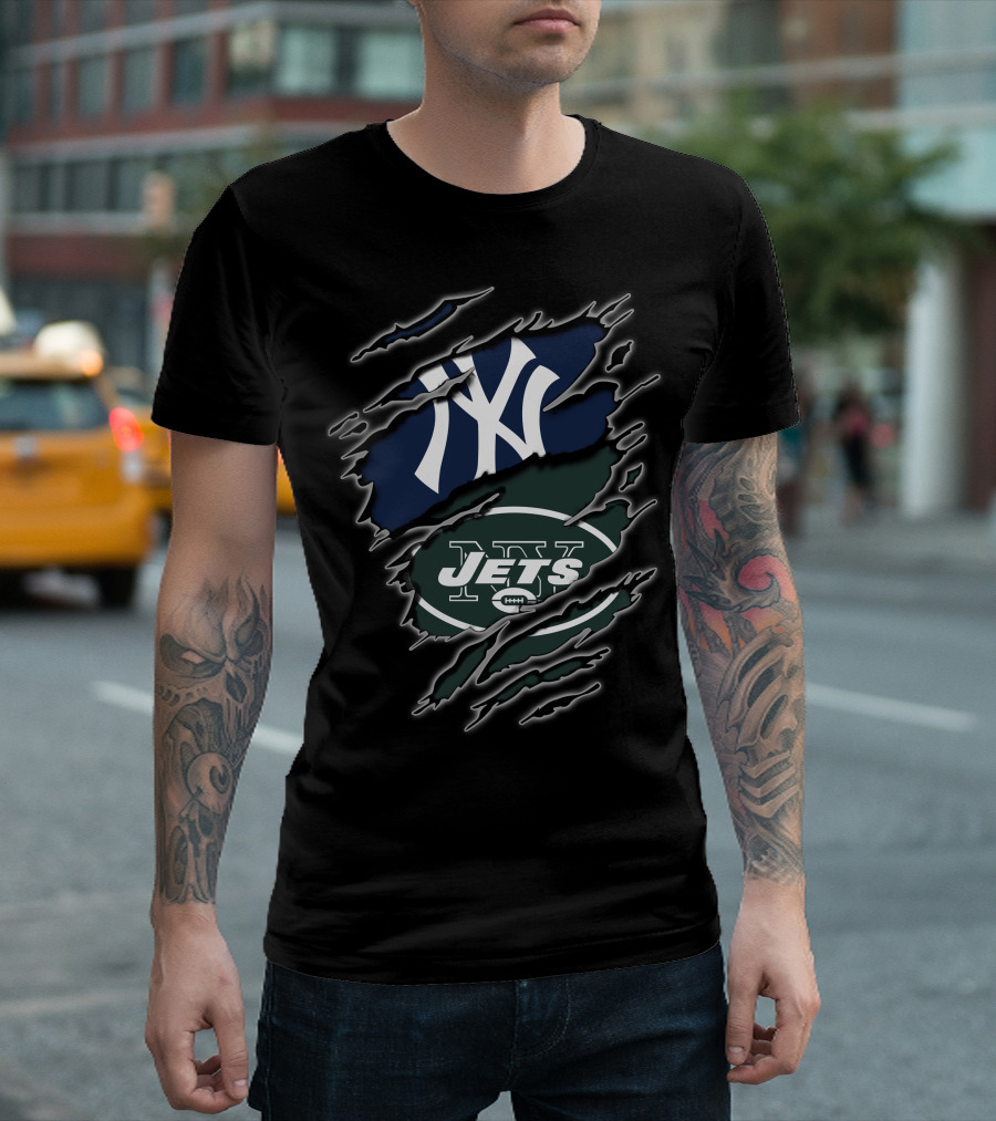 Yankees Jets Dual Logo Graphic with Torn Effect T-Shirt