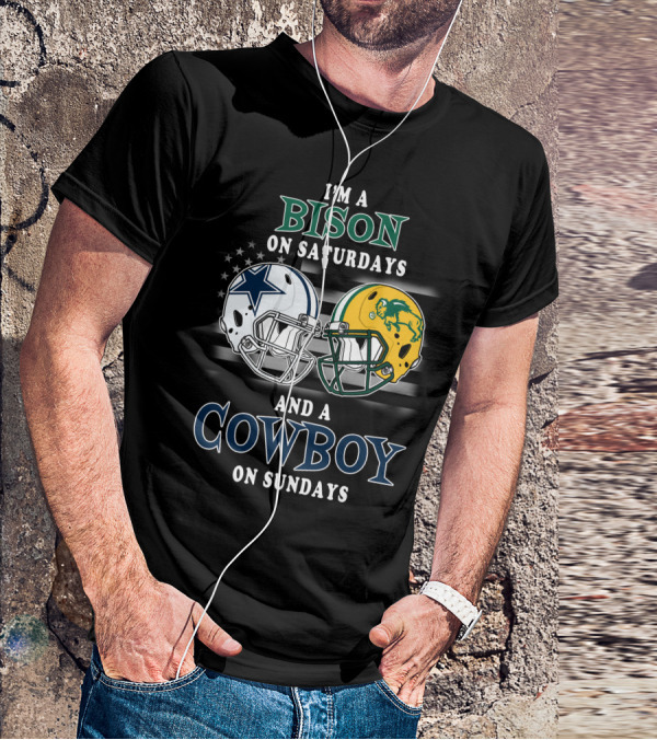 I'm A Bison On Saturdays And A Cowboy On Sundays Football Helmets American Flag T-Shirt