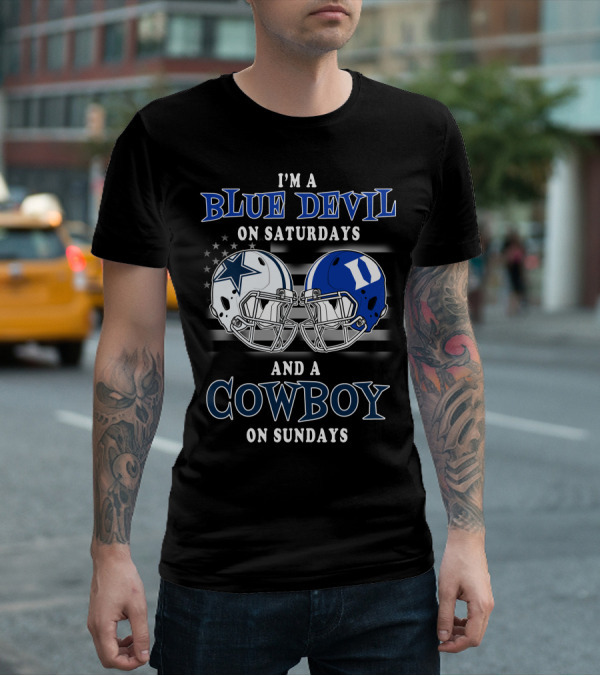 I'm A Blue Devil On Saturdays And A Cowboy On Sundays Football Helmets Usa Flag T-Shirt