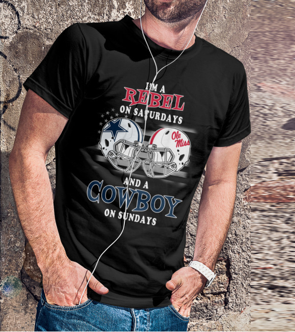 I'm A Rebel On Saturdays And A Cowboy On Sundays Ole Miss Cowboys Helmets T-Shirt