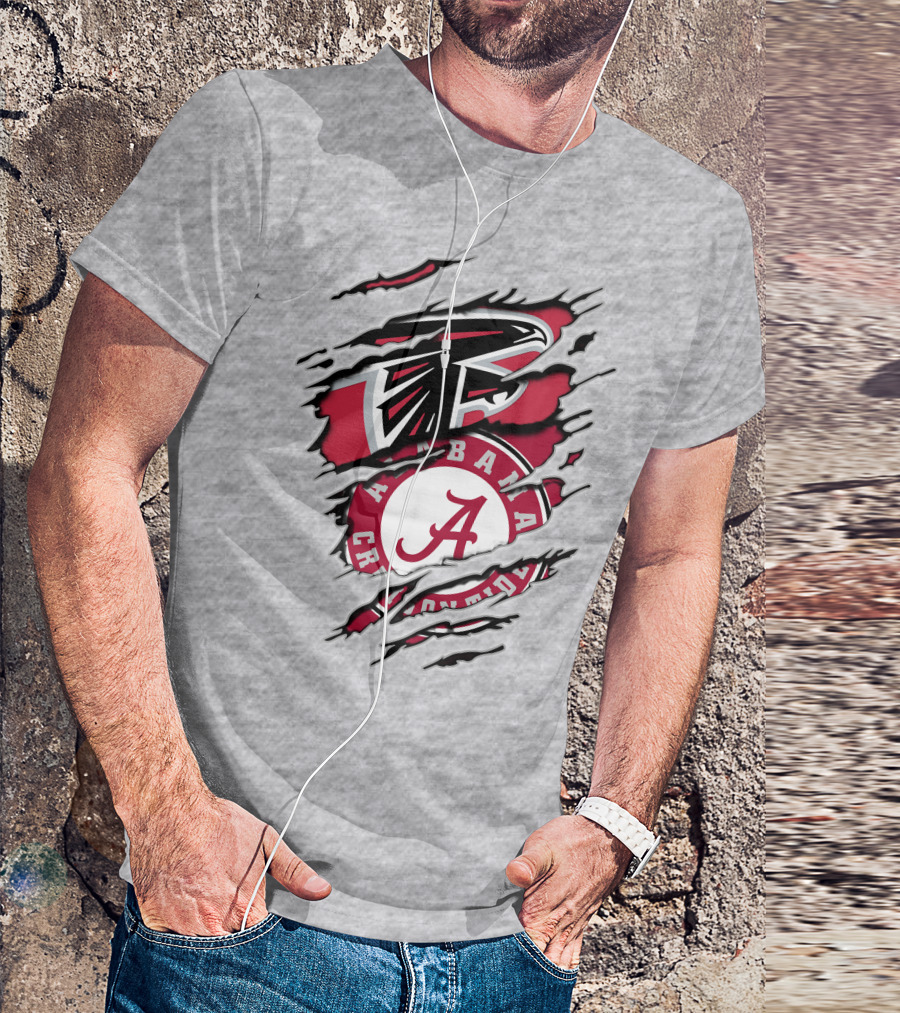 Alabama Crimson Tide And Atlanta Falcons Ripped Logo Combo T-Shirt