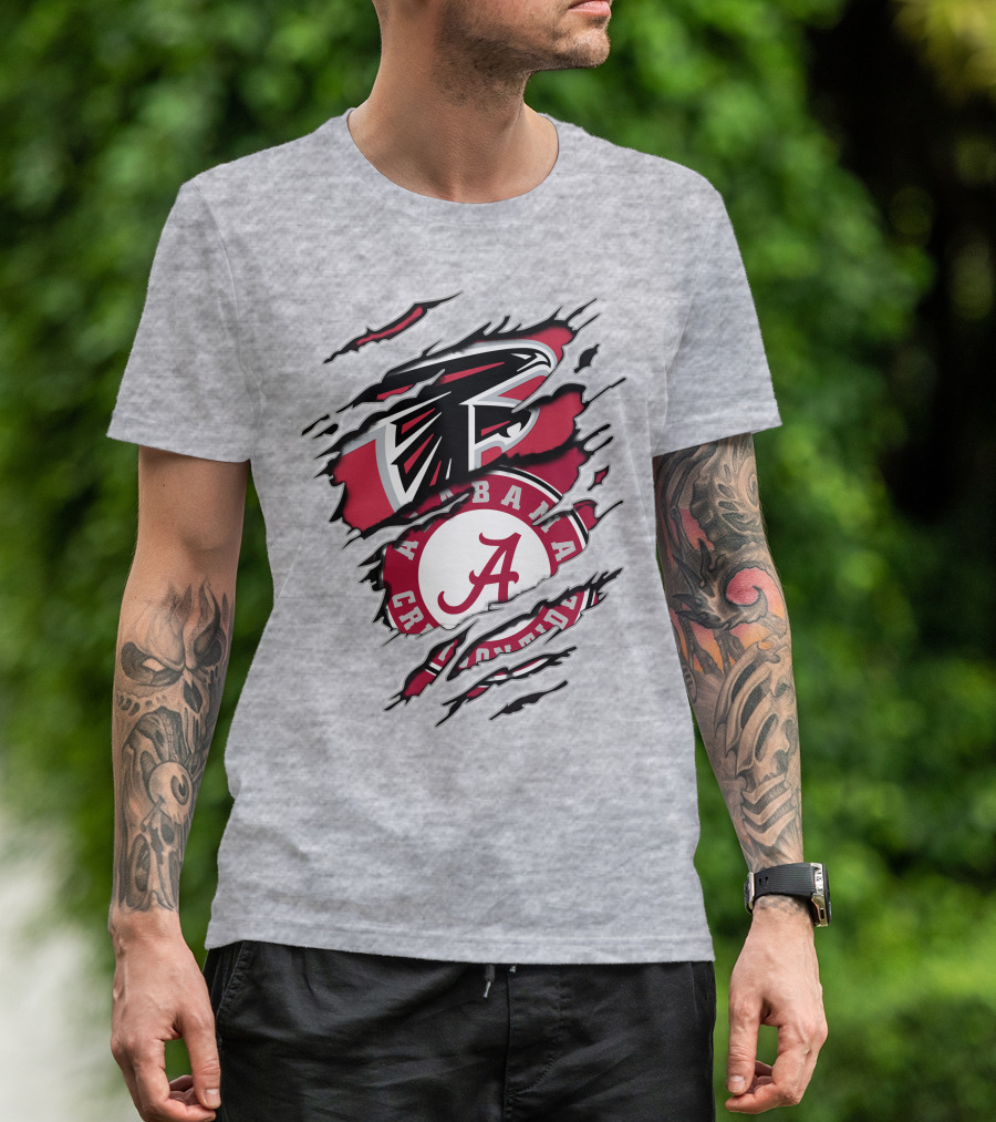 Alabama Crimson Tide And Atlanta Falcons Ripped Logo Combo T-Shirt