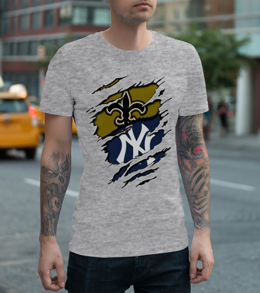Saints Yankees Fleur-de-Lis and Interlocking NY Symbol Torn T-Shirt