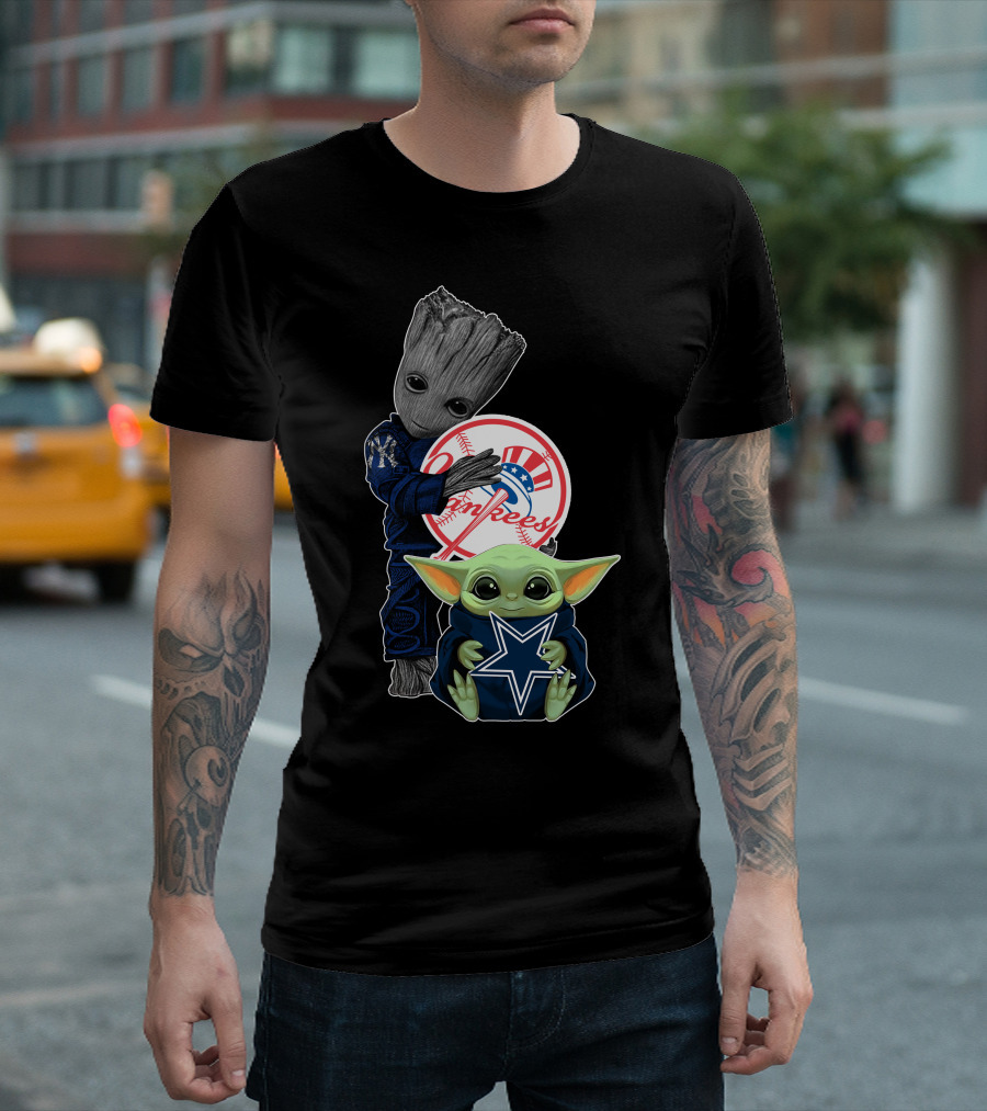Groot And Baby Yoda With Yankees And Cowboys Logos T-Shirt