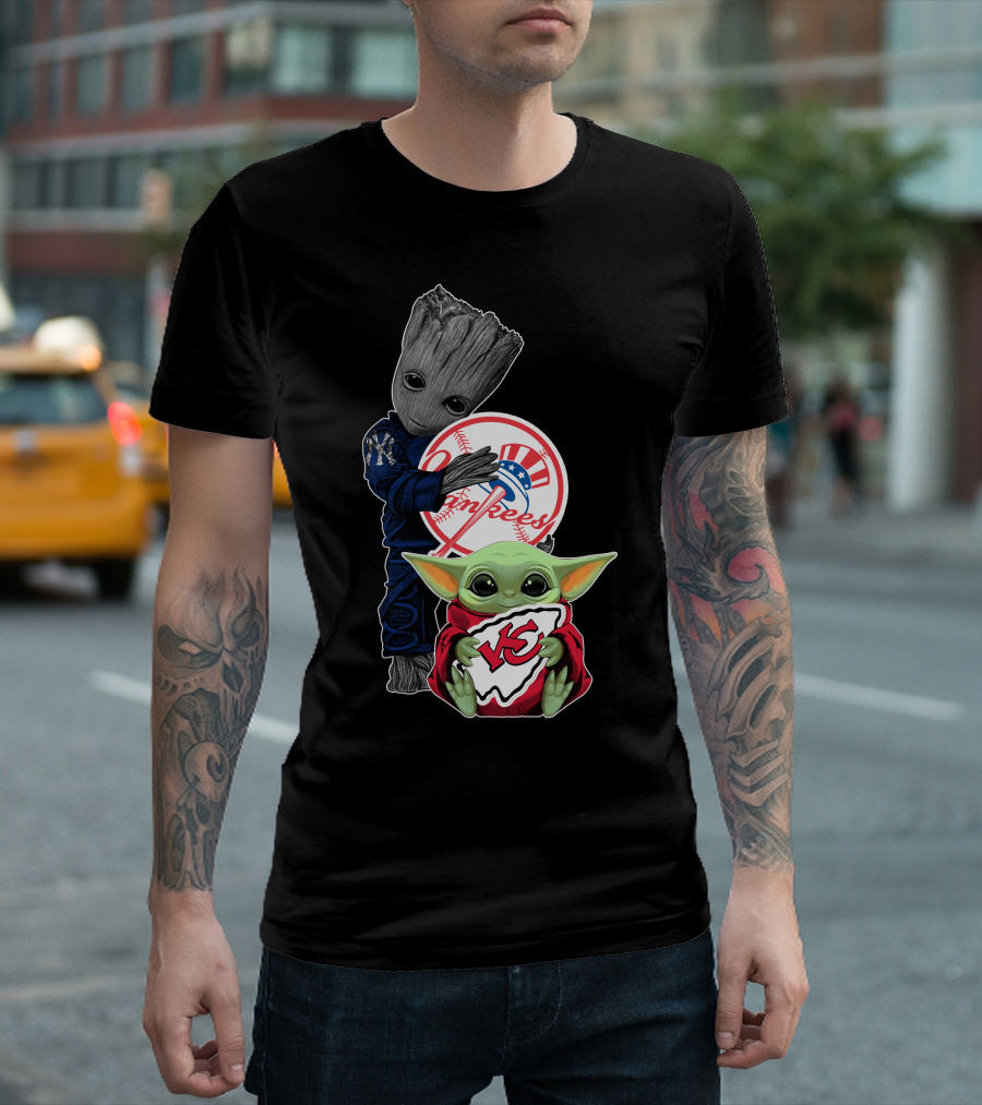 Yankees And Chiefs Baby Groot Mandalorian Mashup T-Shirt
