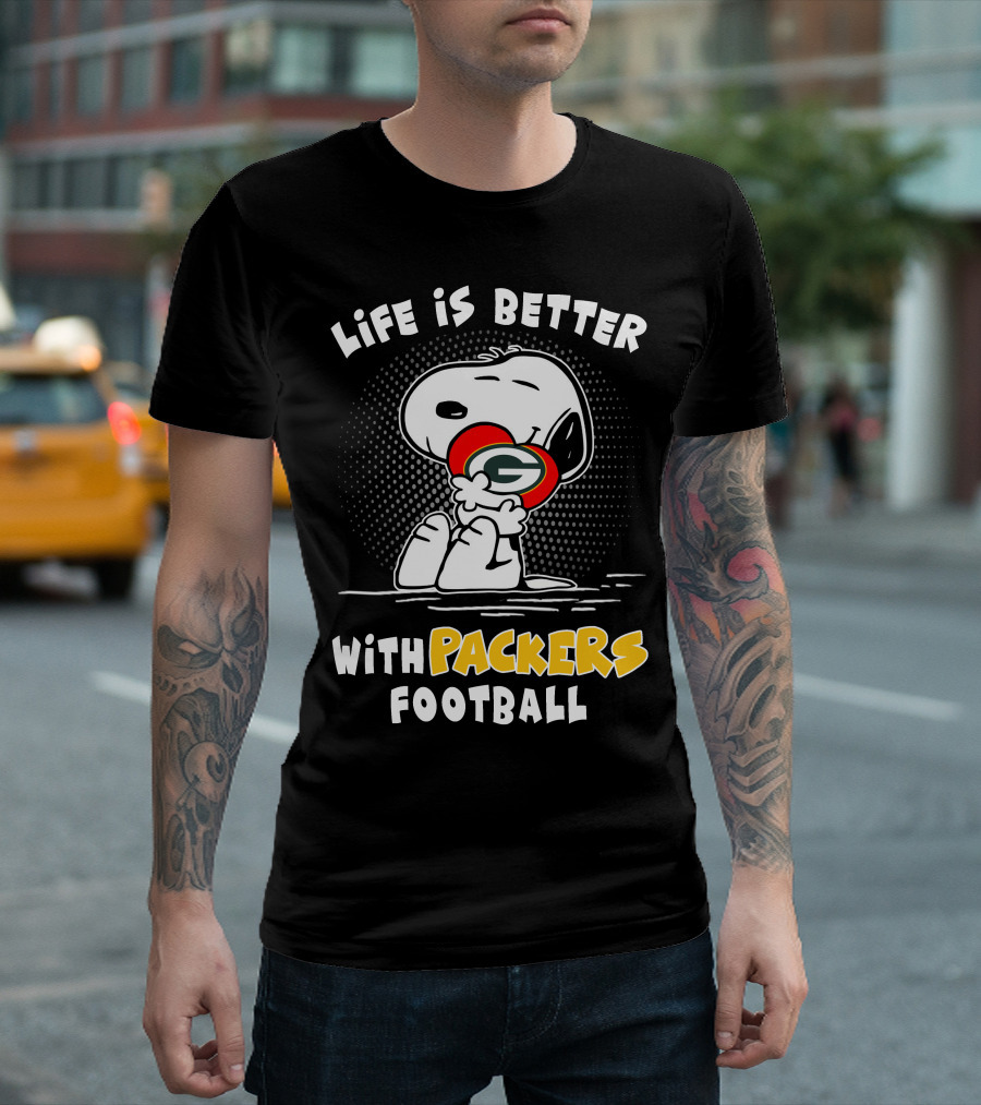 Life Is Better With Packers Football Snoopy Hugging Packers Helmet T-Shirt