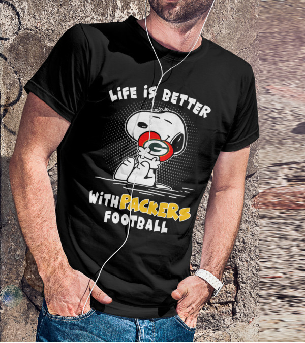 Life Is Better With Packers Football Snoopy Hugging Packers Helmet T-Shirt