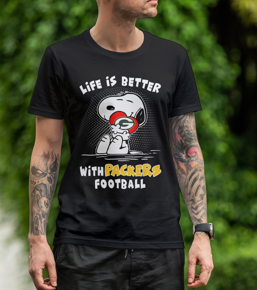 Life Is Better With Packers Football Snoopy Hugging Packers Helmet T-Shirt