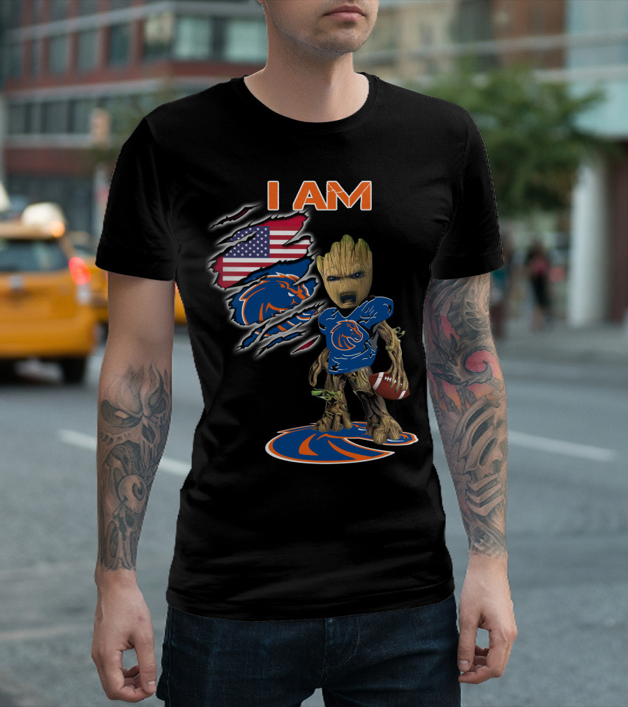 I Am Boise State Broncos Baby Groot Football American Flag T-Shirt
