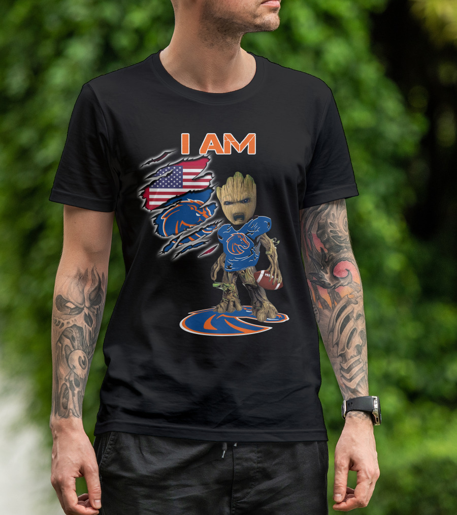 I Am Boise State Broncos Baby Groot Football American Flag T-Shirt