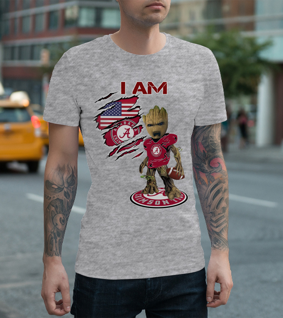 I Am Alabama Crimson Tide Baby Groot Football T-Shirt