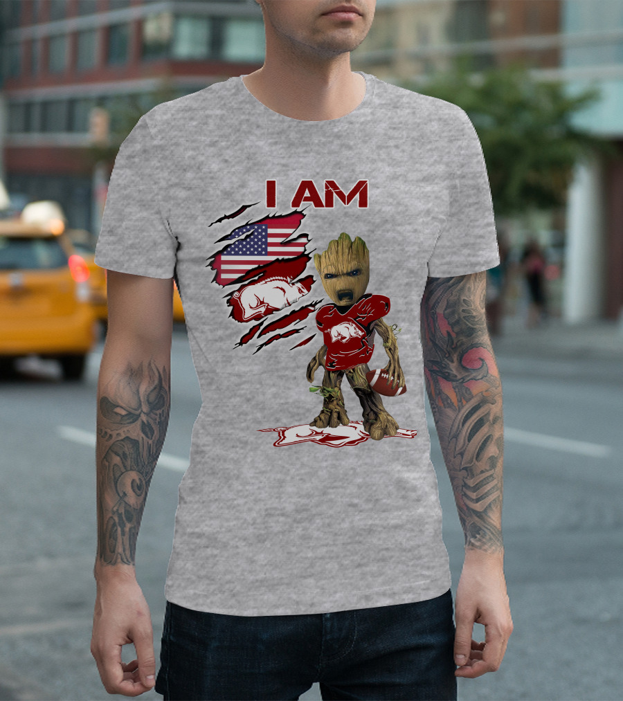 I Am Arkansas Baby Groot Razorbacks Football USA Flag T-Shirt