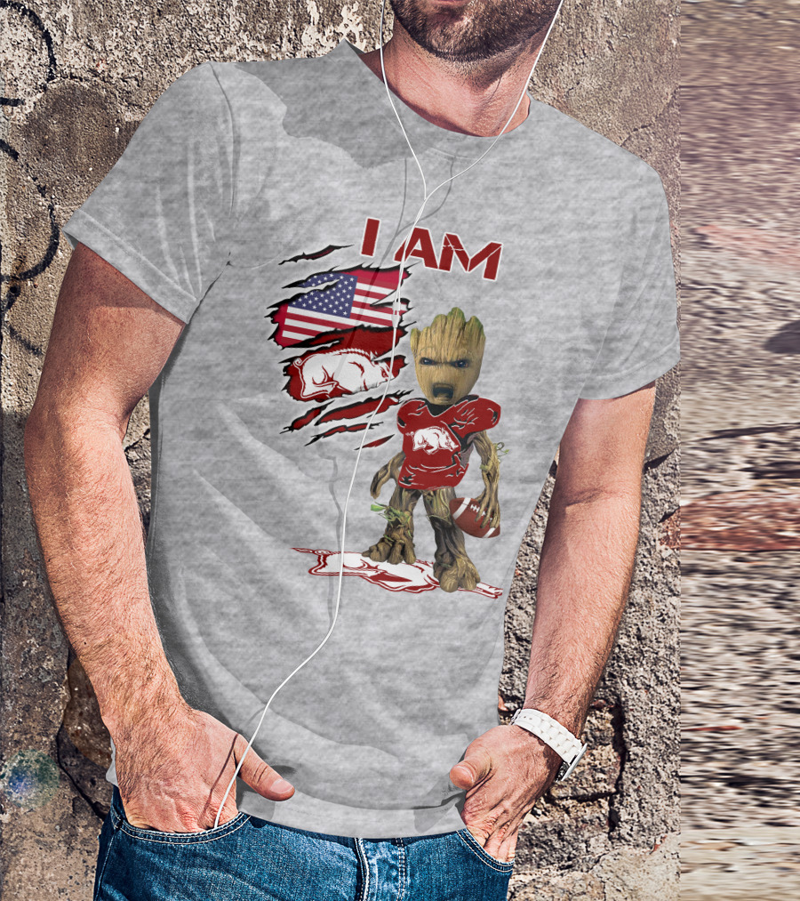 I Am Arkansas Baby Groot Razorbacks Football USA Flag T-Shirt