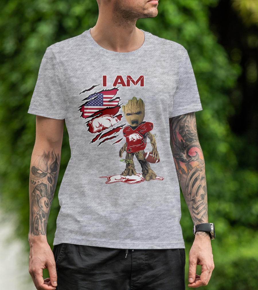 I Am Arkansas Baby Groot Razorbacks Football USA Flag T-Shirt