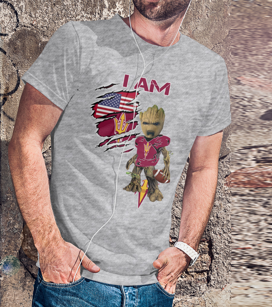 I Am Asu Baby Groot Arizona State University Football Fan Art American Flag T-Shirt