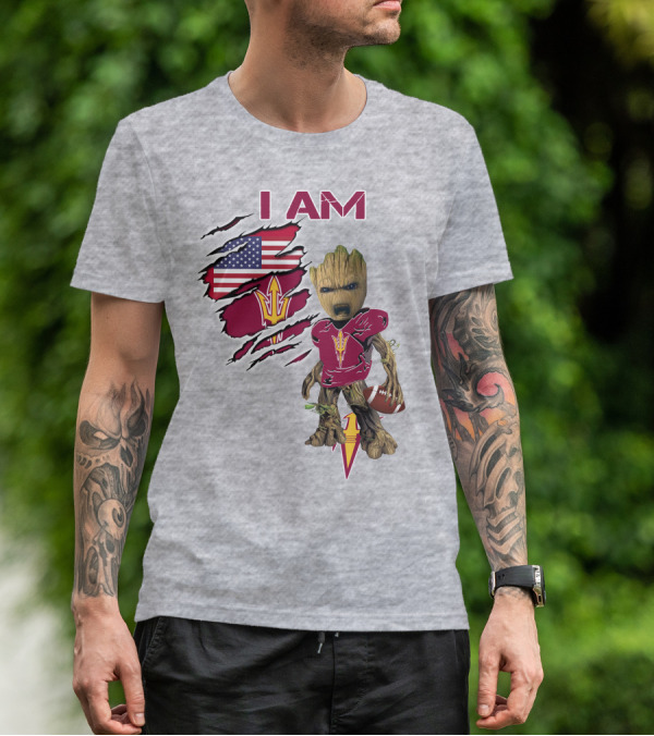 I Am Asu Baby Groot Arizona State University Football Fan Art American Flag T-Shirt