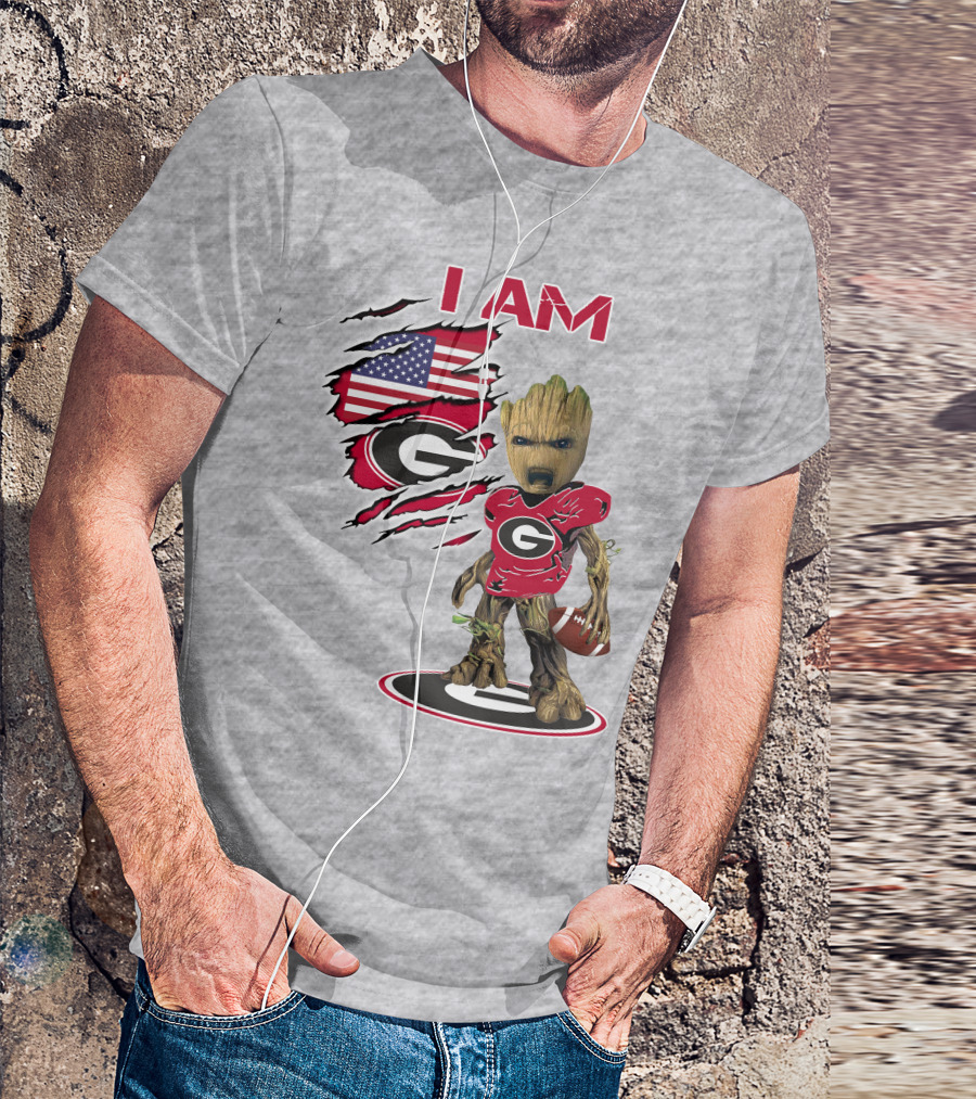 I AM Bulldogs Baby Groot Football Fan USA Flag T-Shirt