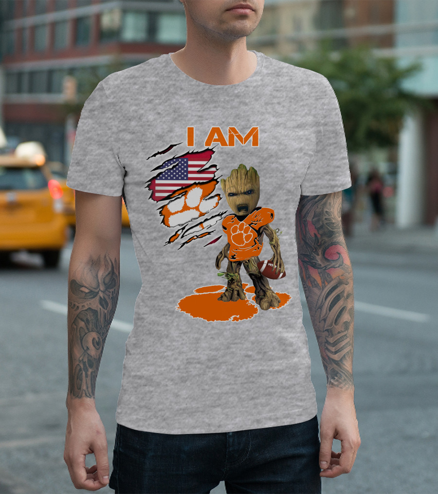 I AM Clemsons Baby Groot American Flag Football Paw Prints T-Shirt