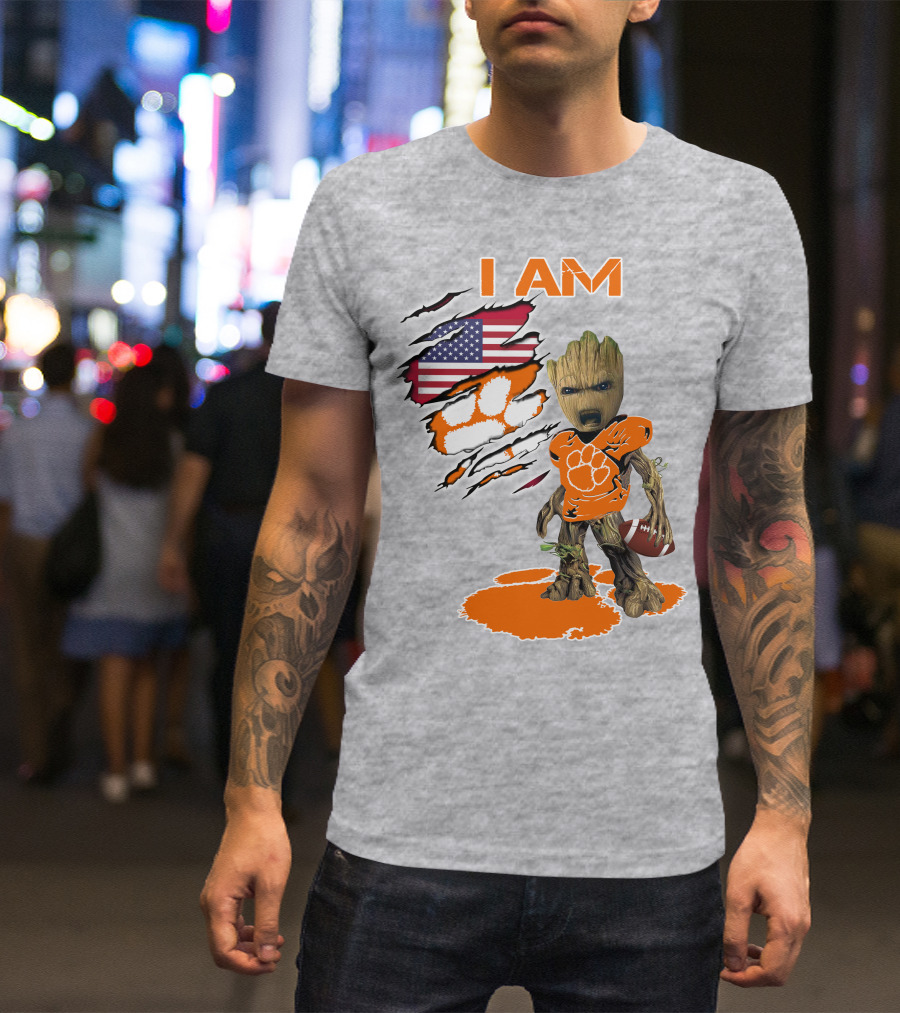 I AM Clemsons Baby Groot American Flag Football Paw Prints T-Shirt