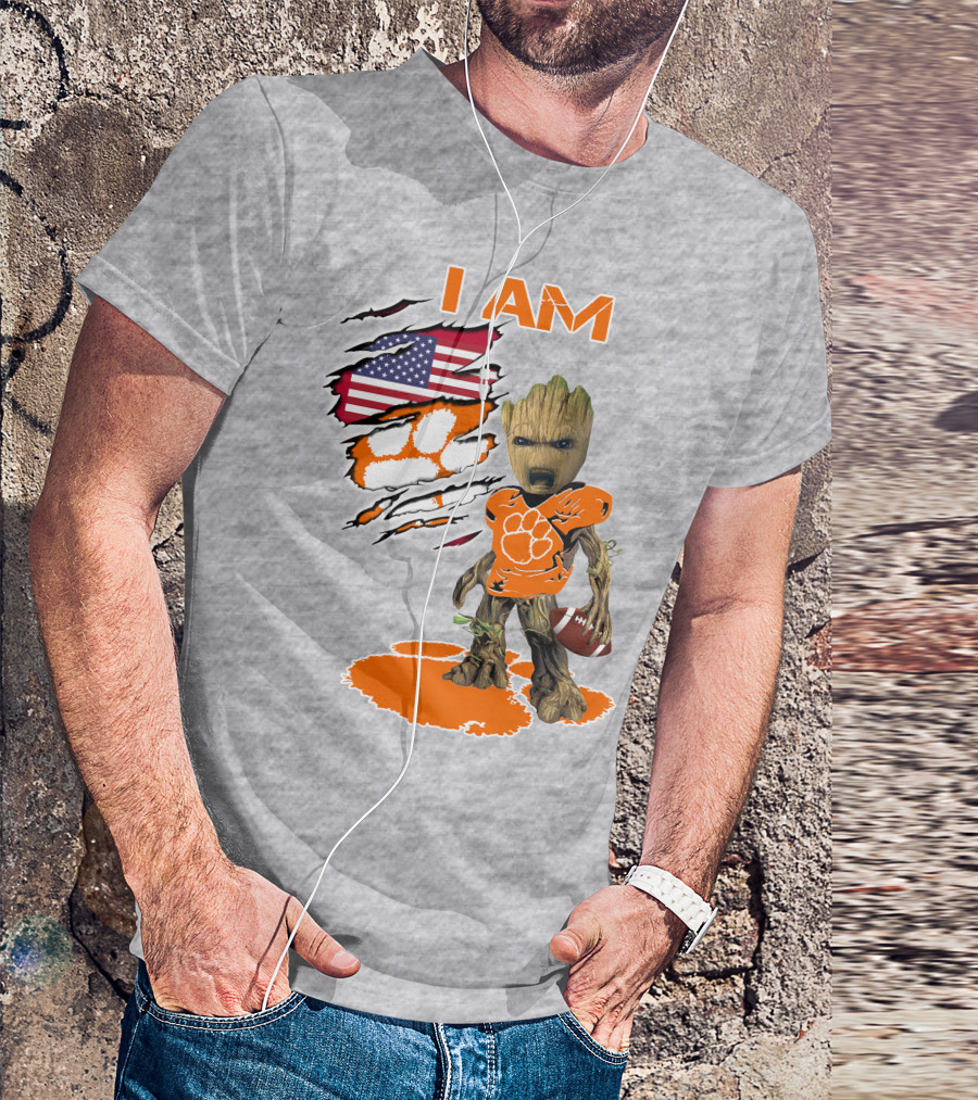 I AM Clemsons Baby Groot American Flag Football Paw Prints T-Shirt
