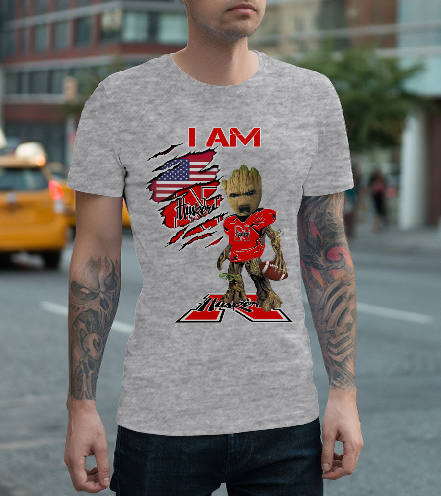 I Am Husker Baby Groot Football USA Flag T-Shirt