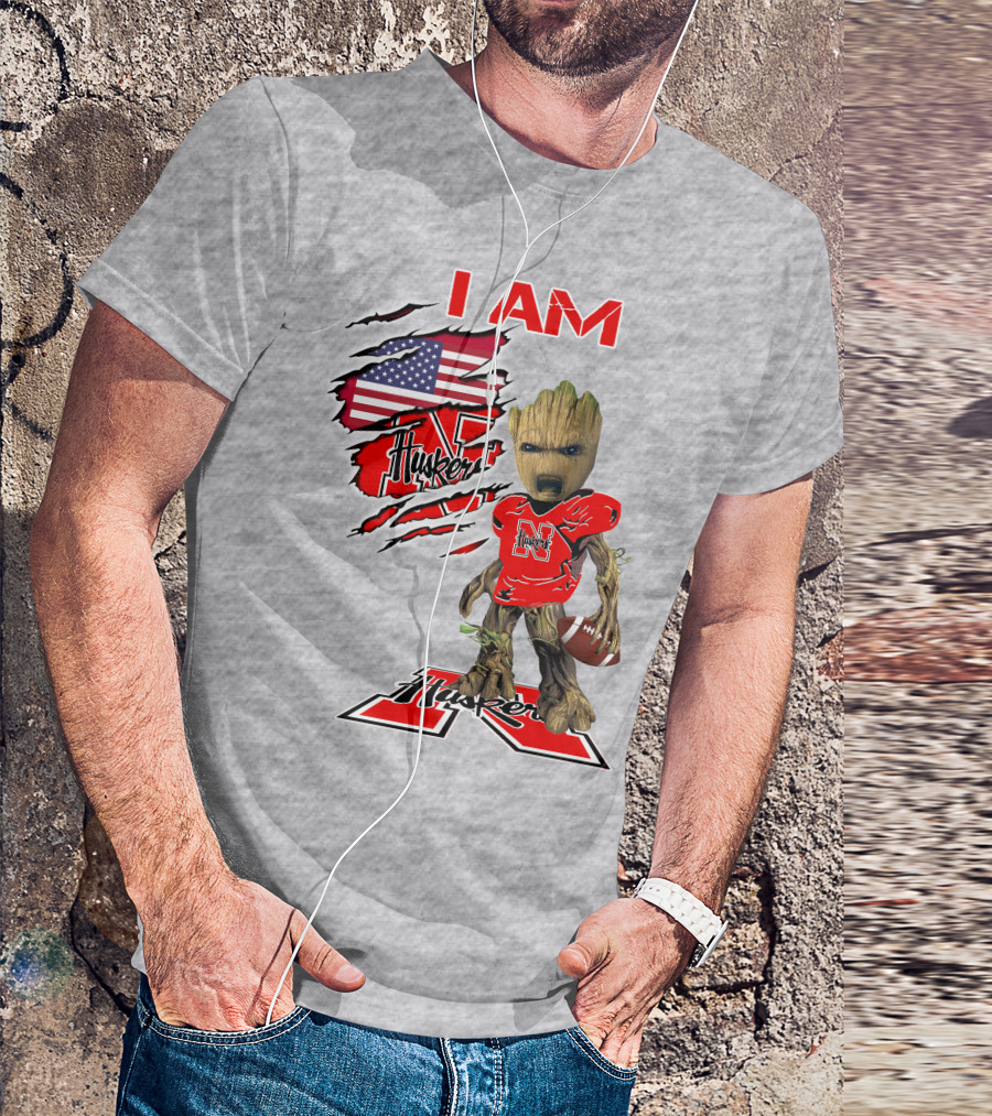 I Am Husker Baby Groot Football USA Flag T-Shirt
