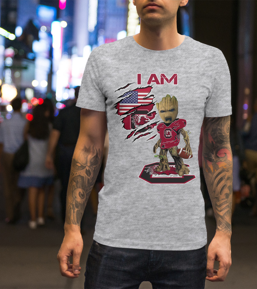 I Am Gamecocks Baby Groot Football American Flag T-Shirt