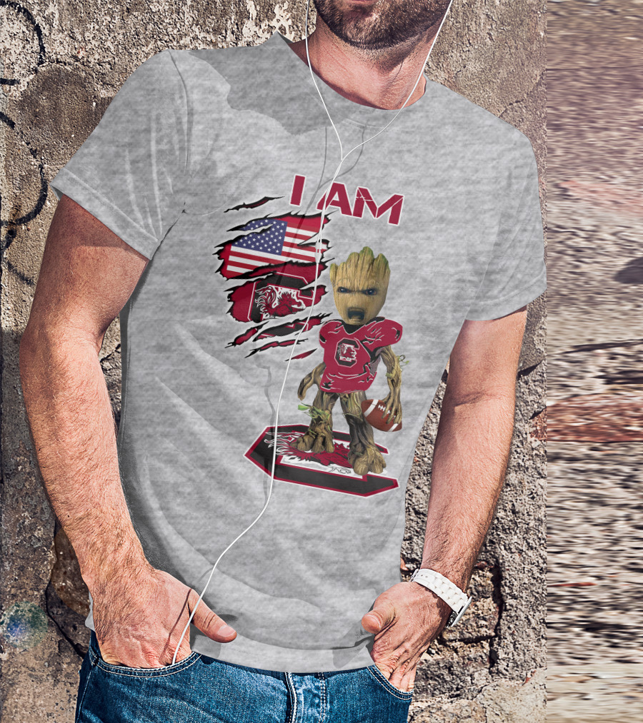 I Am Gamecocks Baby Groot Football American Flag T-Shirt