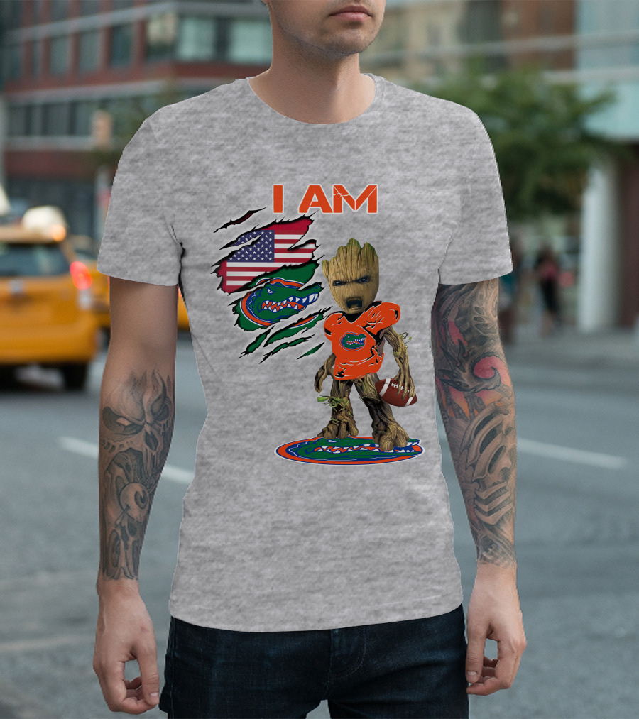 I Am Gators Baby Groot Holding Football With American Flag And Florida Gators T-Shirt