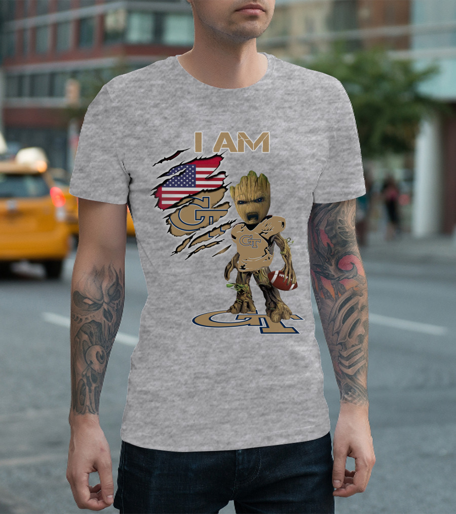I Am Georgia Tech GT Baby Groot American Flag Football T-Shirt