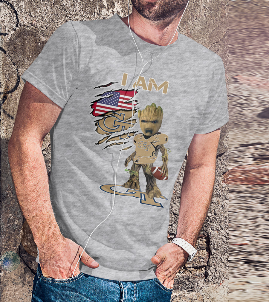 I Am Georgia Tech GT Baby Groot American Flag Football T-Shirt