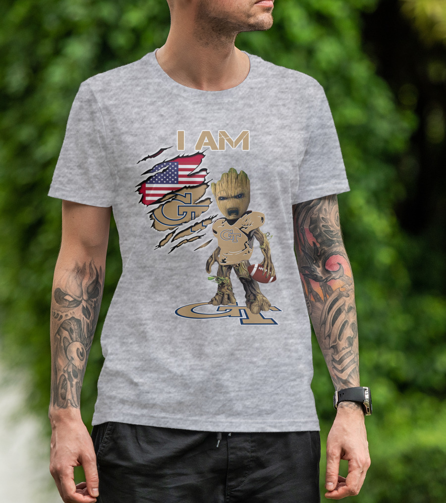 I Am Georgia Tech GT Baby Groot American Flag Football T-Shirt
